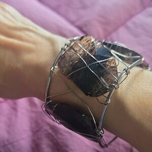 Silvertone Cuff Bangle With Chunky Wire-wrapped Smoky Gray Gemstones